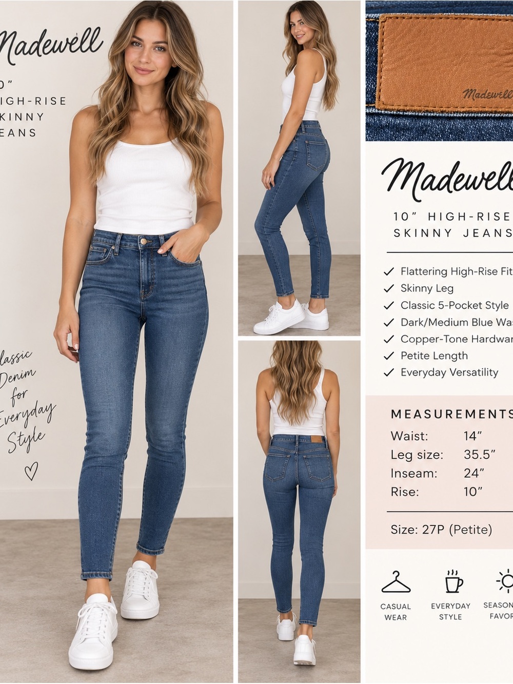 Madewell 10” High-Rise Skinny Jeans in a classic dark/medium blue wash. Size 27P